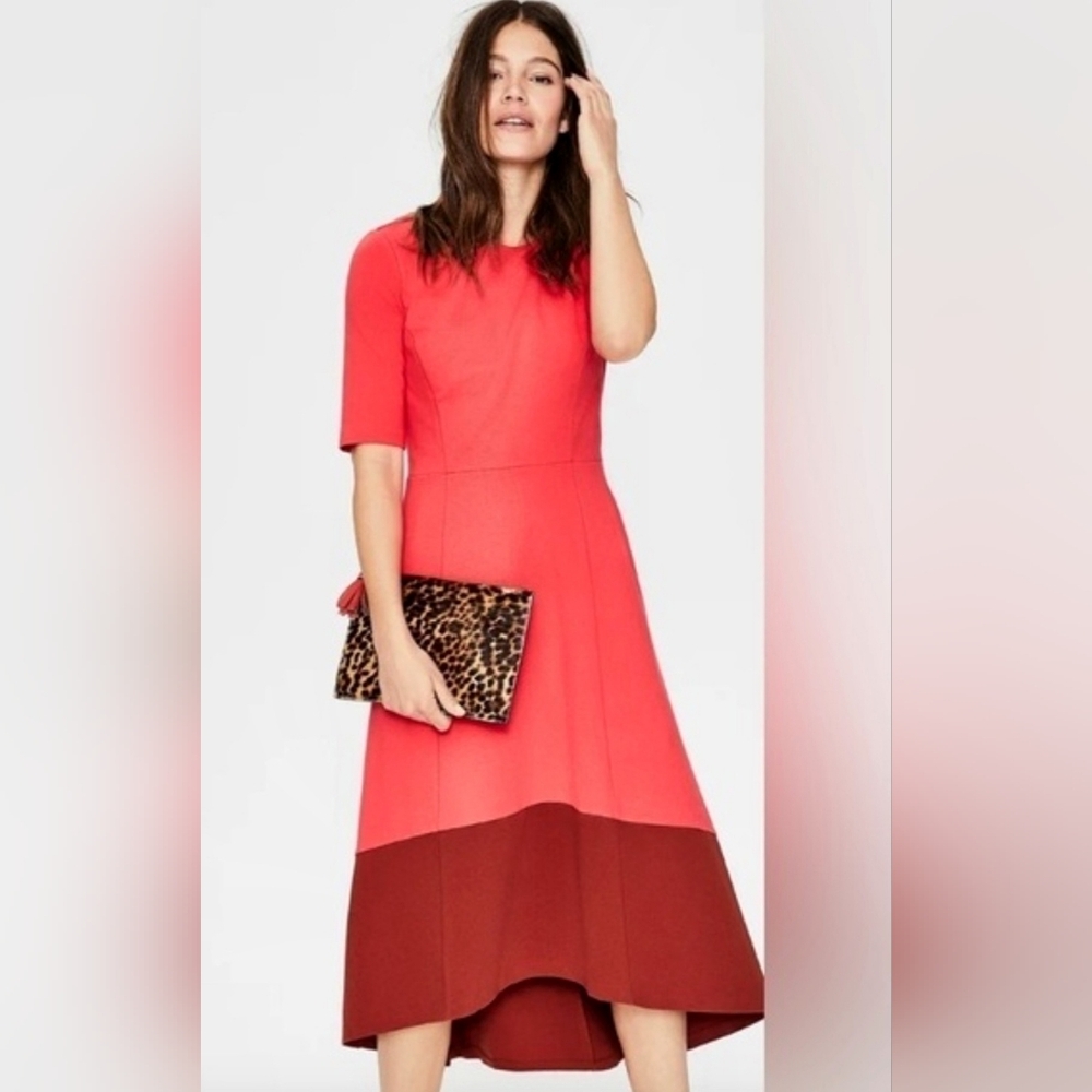 Boden Wren Ponte Jersey Knit Midi Dress Womens 8 Pop Peony & Brown High-Low Heam - Picture 2 of 14